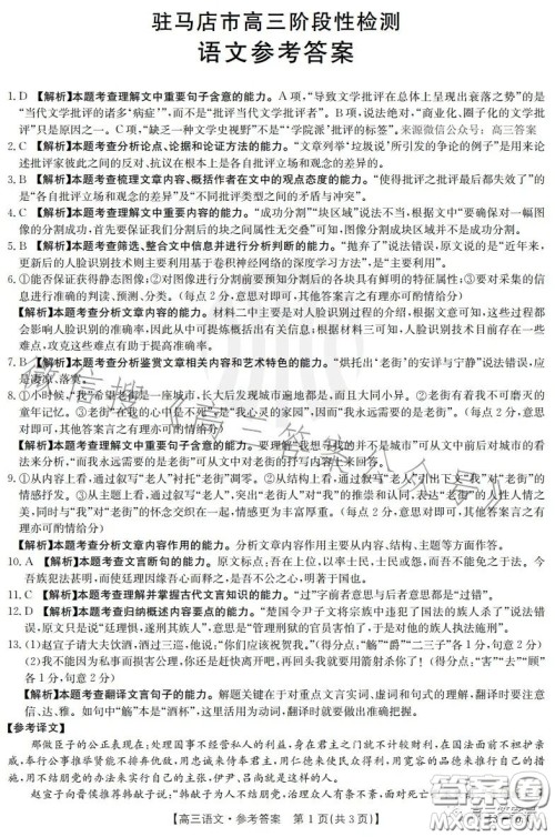 2022-2023学年度驻马店市高三阶段性检测语文试题答案 2022-2023学年度驻马店市高三阶段性检测语文试题答案