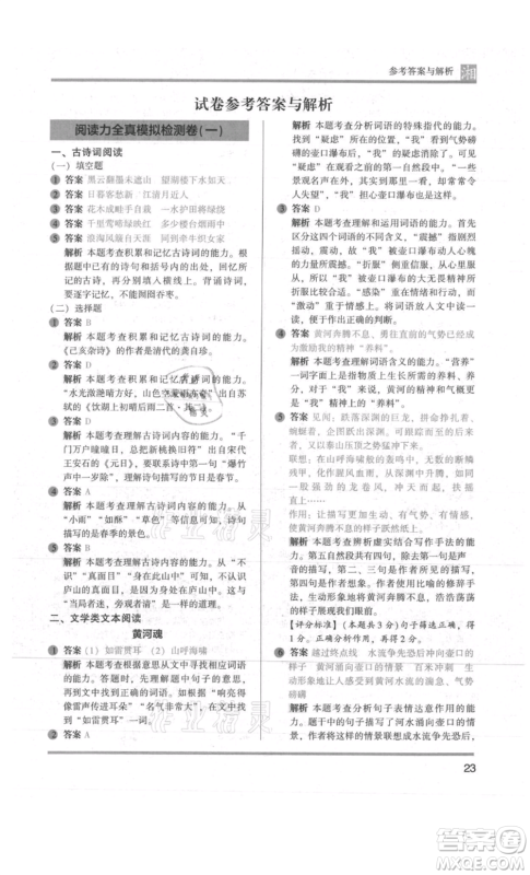 江苏凤凰文艺出版社2022木头马阅读力测评六年级语文人教版A版湖南专版参考答案