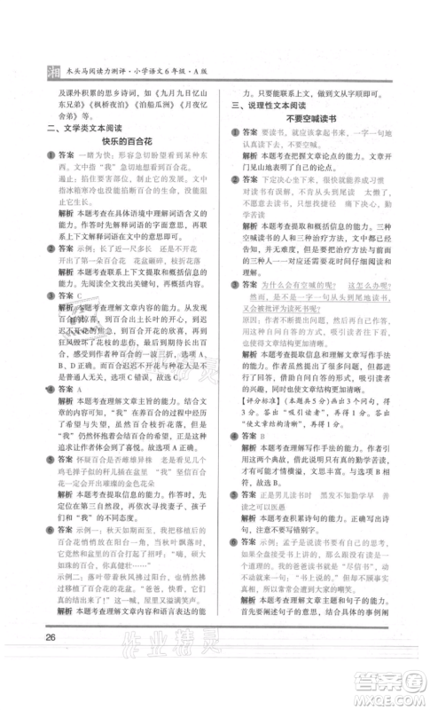 江苏凤凰文艺出版社2022木头马阅读力测评六年级语文人教版A版湖南专版参考答案