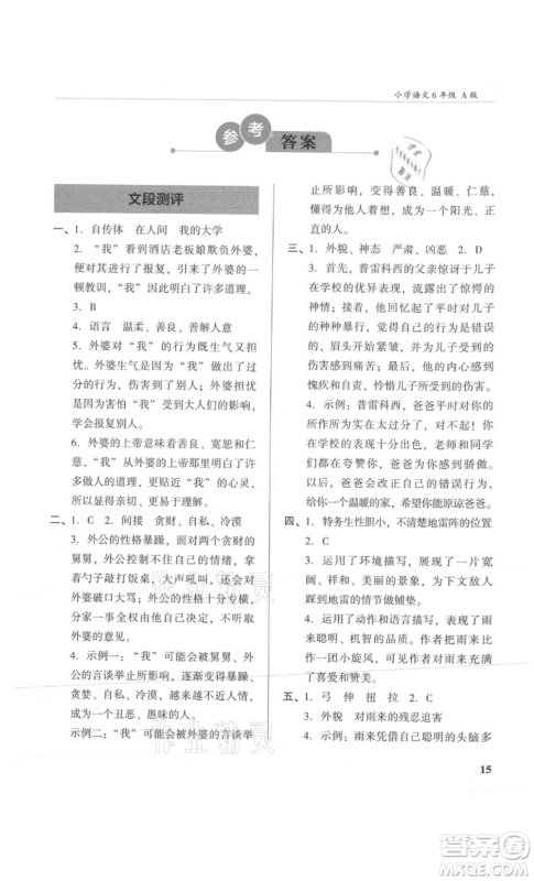 江苏凤凰文艺出版社2022木头马阅读力测评六年级语文人教版A版湖南专版参考答案