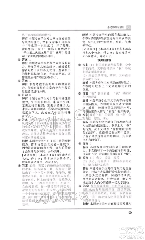 江苏凤凰美术出版社2022木头马阅读力测评六年级语文人教版B版大武汉专版参考答案