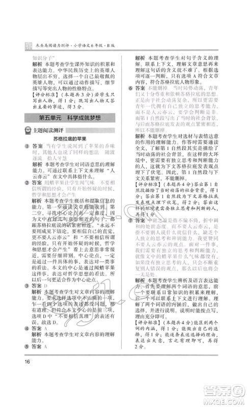 江苏凤凰美术出版社2022木头马阅读力测评六年级语文人教版B版大武汉专版参考答案