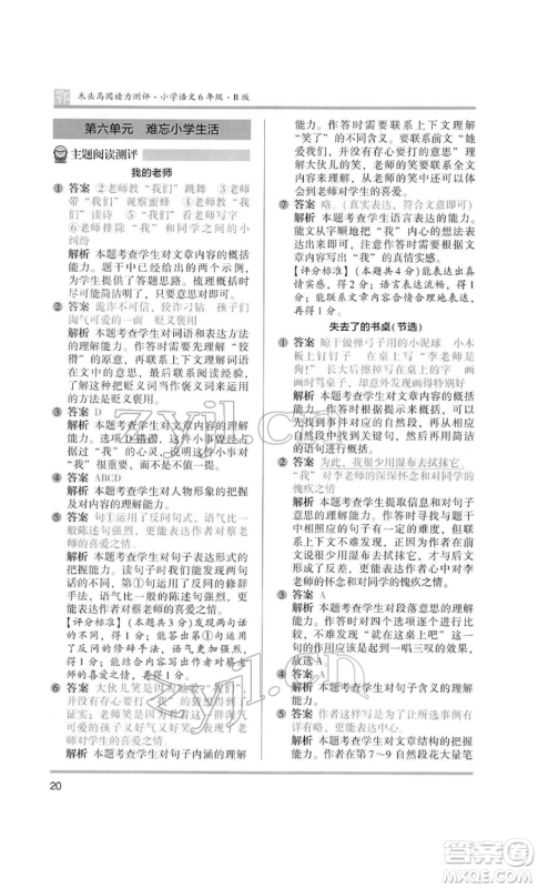 江苏凤凰美术出版社2022木头马阅读力测评六年级语文人教版B版大武汉专版参考答案