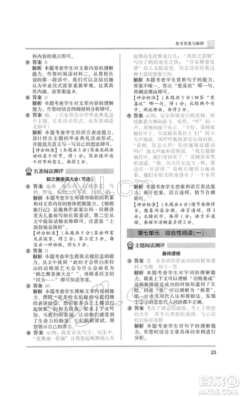 江苏凤凰美术出版社2022木头马阅读力测评六年级语文人教版B版大武汉专版参考答案