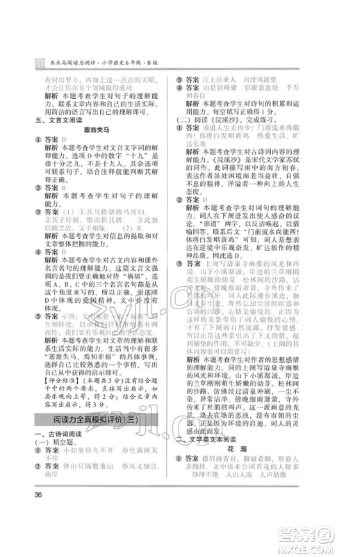 江苏凤凰美术出版社2022木头马阅读力测评六年级语文人教版B版大武汉专版参考答案