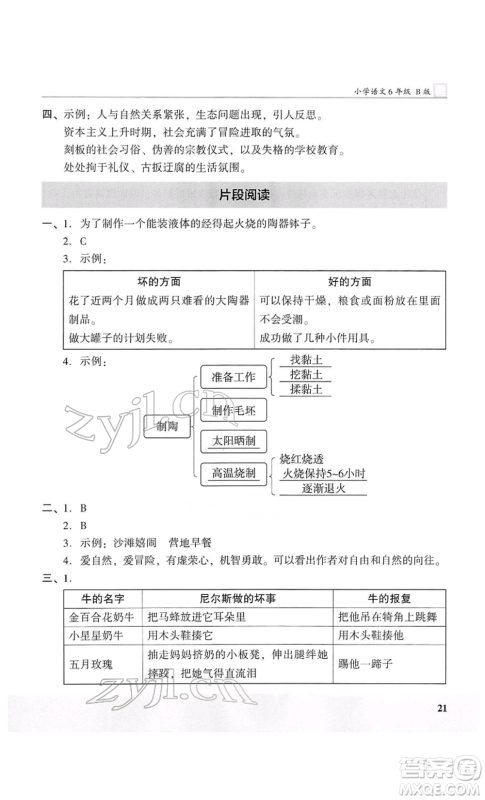 江苏凤凰美术出版社2022木头马阅读力测评六年级语文人教版B版大武汉专版参考答案