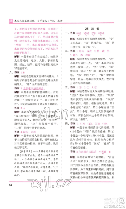 鹭江出版社2022木头马分层课课练三年级上册语文部编版福建专版参考答案