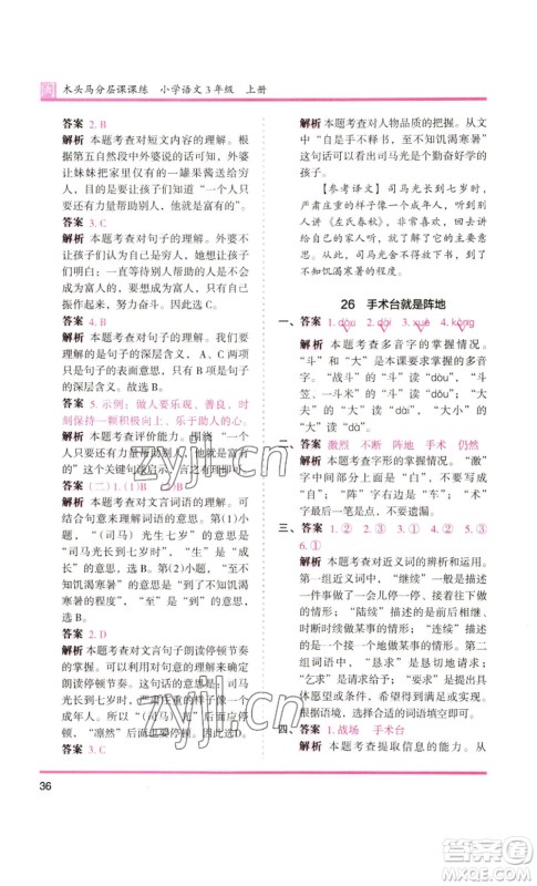 鹭江出版社2022木头马分层课课练三年级上册语文部编版福建专版参考答案