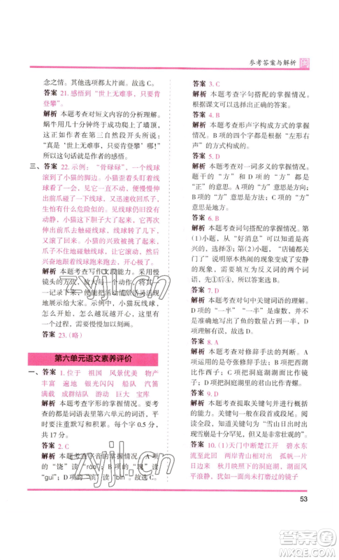 鹭江出版社2022木头马分层课课练三年级上册语文部编版福建专版参考答案