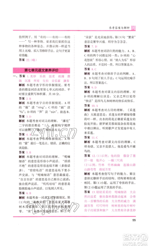 鹭江出版社2022木头马分层课课练三年级上册语文部编版福建专版参考答案