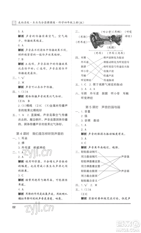 湖南师范大学出版社2022木头马分层课课练四年级上册科学教科版参考答案