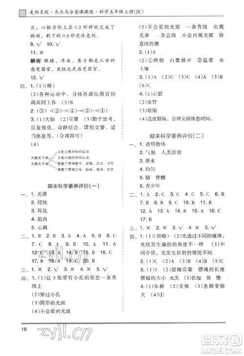 湖南师范大学出版社2022木头马分层课课练五年级上册科学教科版参考答案 湖南师范大学出版社2022木头马分层课课练五年级上册科学教科版参考答案