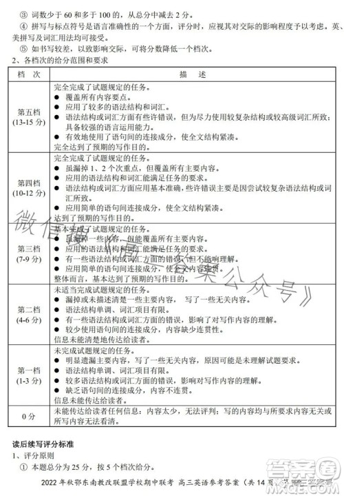 2022年秋鄂东南省级示范高中教育教学改革联盟学校期中联考高三英语试题答案