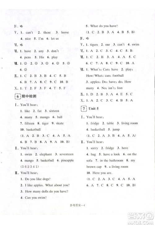 江苏凤凰少年儿童出版社2022学习乐园单元自主检测四年级上册英语人教版参考答案