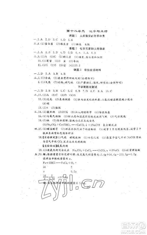 吉林教育出版社2022文曲星跟踪测试卷九年级化学人教版参考答案