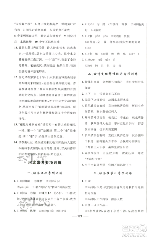 河北少年儿童出版社2022夺冠百分百初中精讲精练九年级上册语文人教版参考答案