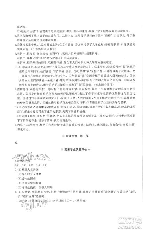 山东友谊出版社2022精练课堂分层作业七年级上册语文人教版参考答案