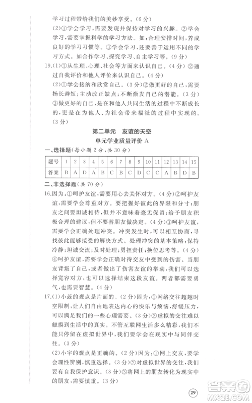 山东友谊出版社2022精练课堂分层作业七年级上册道德与法治人教版参考答案 山东友谊出版社2022精练课堂分层作业七年级上册道德与法治人教版参考答案
