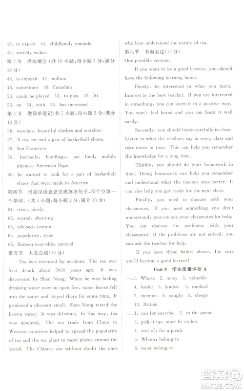 山东友谊出版社2022精练课堂分层作业九年级英语人教版参考答案