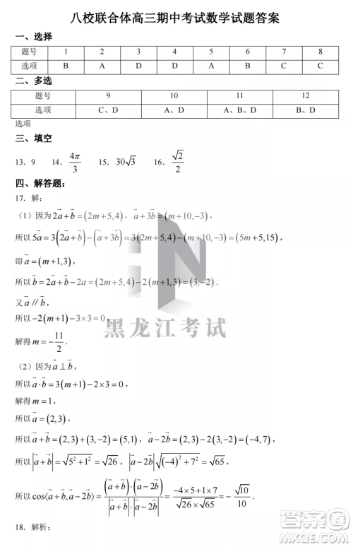 2022-2023齐齐哈尔市八校联合体高三上学期数学期中试卷答案