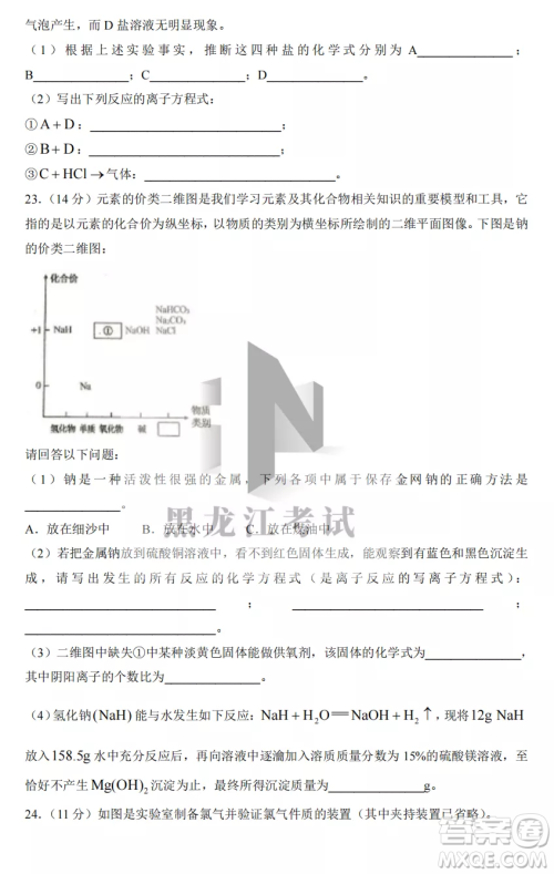 2022-2023齐齐哈尔市八校联合体高一上学期化学期中试卷答案