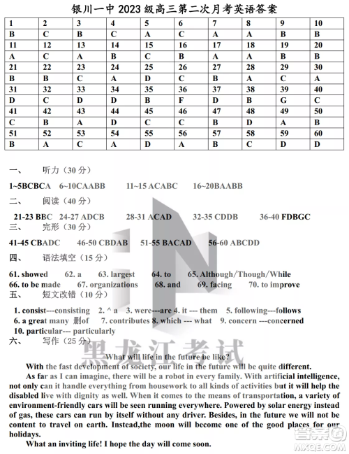 银川一中2023届高三年级第二次月考英语试卷答案