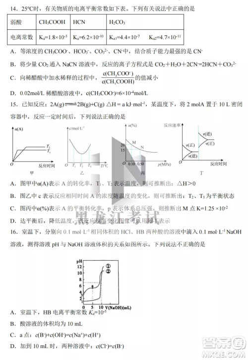 齐齐哈尔市实验中学2022-2023学年度第一学期高二期中考试化学试题及答案