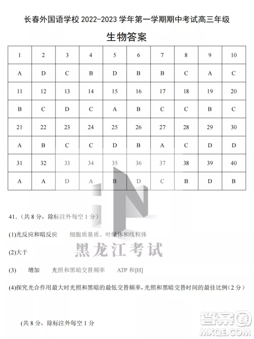 长春外国语学校2022-2023学年第一学期期中考试高三年级理综试卷答案