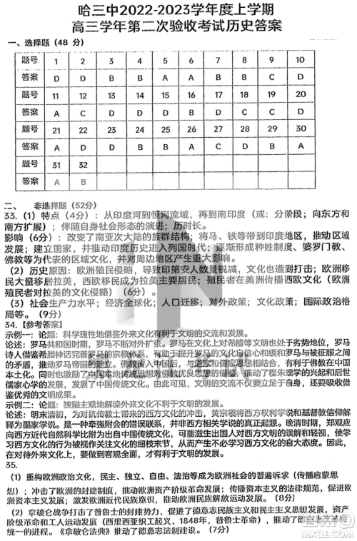 哈三中2022-2023学年度上学期高三学年第二次验收考试历史试卷答案