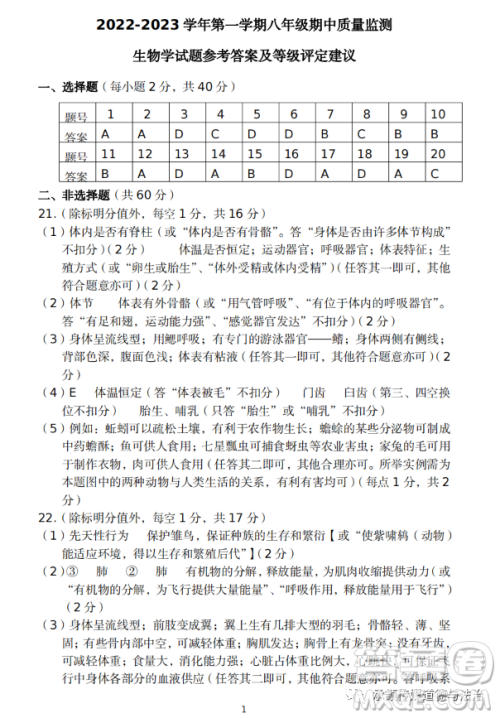 太原市2022-2023学年第一学期八年级期中质量检测生物学试卷答案