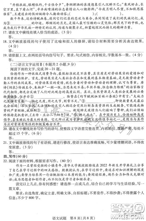 河南2022-2023学年高三年级上学期期中考试语文试卷答案