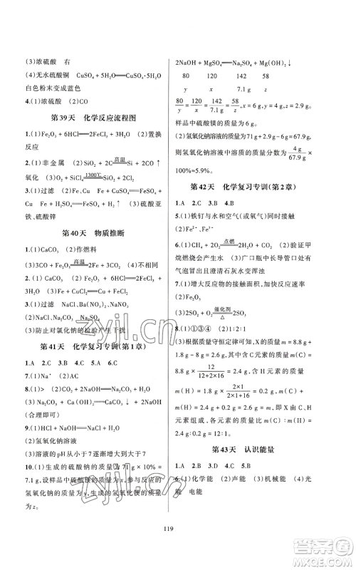 浙江教育出版社2022全优新同步九年级科学浙教版A本参考答案