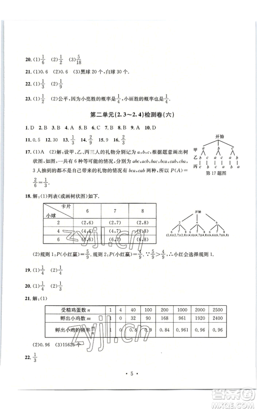 浙江工商大学出版社2022习题e百检测卷九年级数学浙教版参考答案