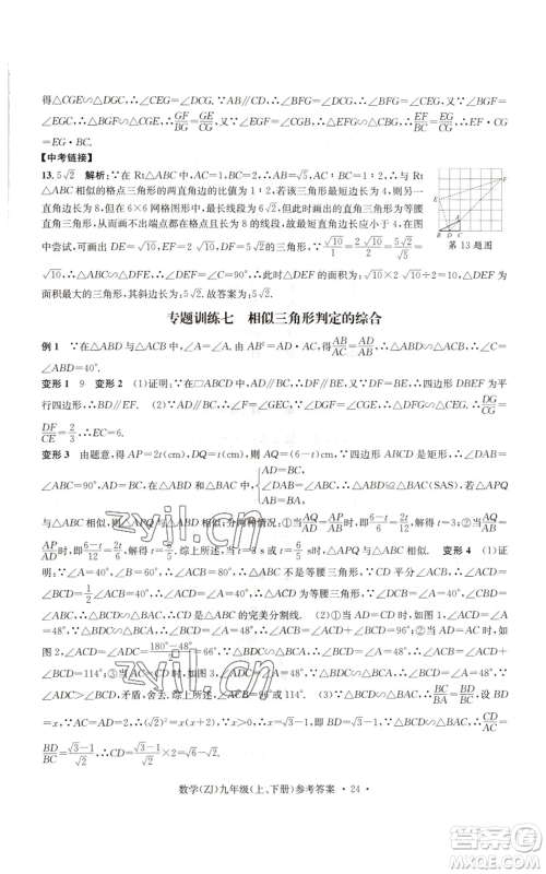 浙江工商大学出版社2022习题e百课时训练九年级数学浙教版B版参考答案