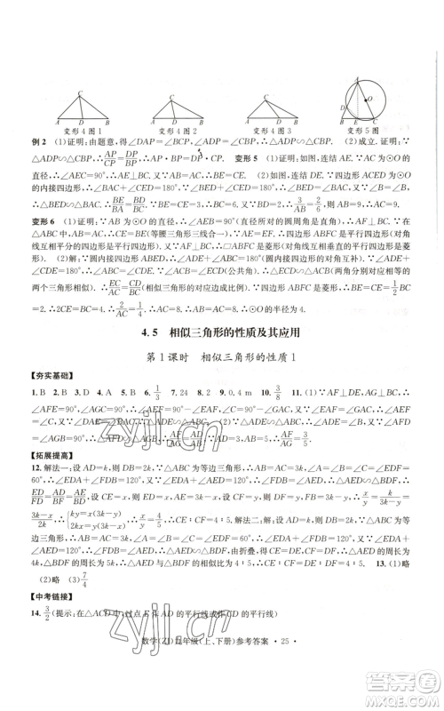 浙江工商大学出版社2022习题e百课时训练九年级数学浙教版B版参考答案