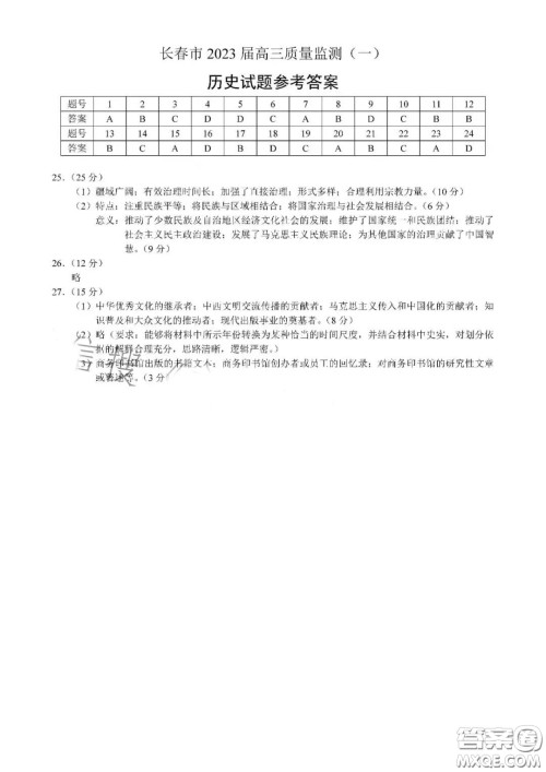 长春市2023届高三质量监测一历史试卷答案 长春市2023届高三质量监测一历史试卷答案