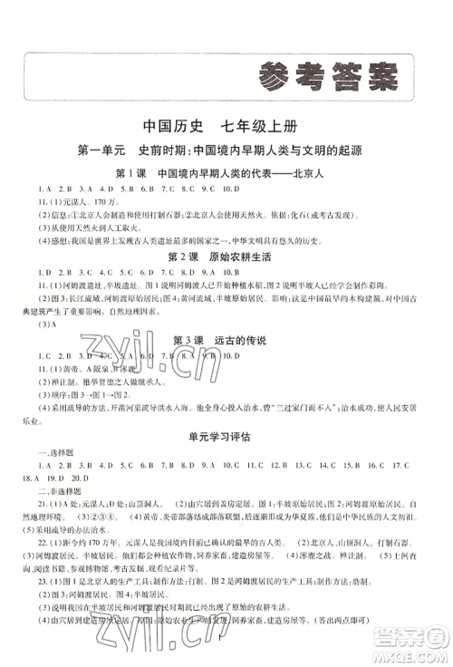 明天出版社2022智慧学习导学练七年级上册中国历史人教版参考答案