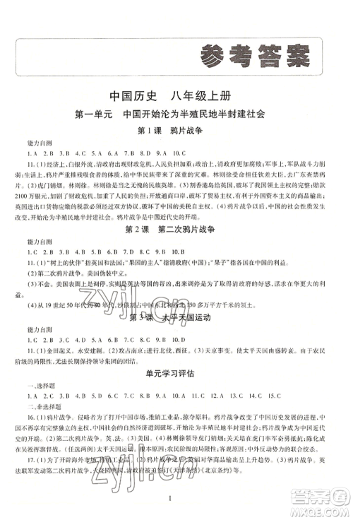 明天出版社2022智慧学习导学练八年级上册中国历史人教版参考答案