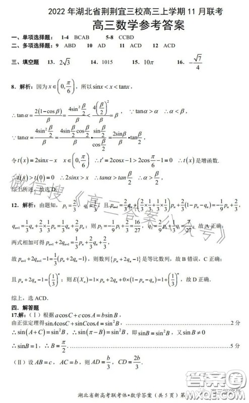 2022年湖北省荆荆宜三校高三上学期11月联考高三数学试卷答案