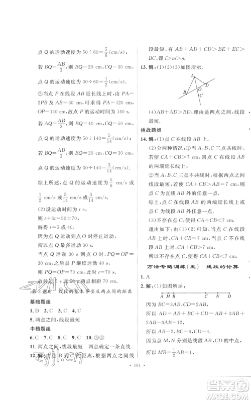 安徽人民出版社2022思路教练同步课时作业七年级上册数学人教版参考答案