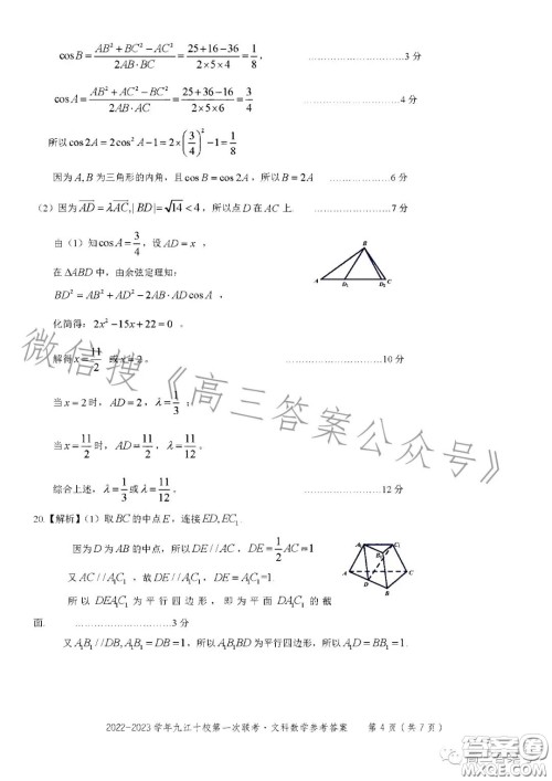 2023九江十校11月第一次联考文科数学试卷答案