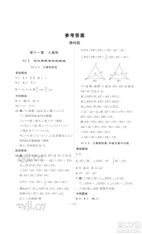 安徽人民出版社2022思路教练同步课时作业八年级上册数学人教版参考答案