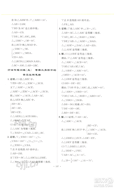 安徽人民出版社2022思路教练同步课时作业八年级上册数学人教版参考答案