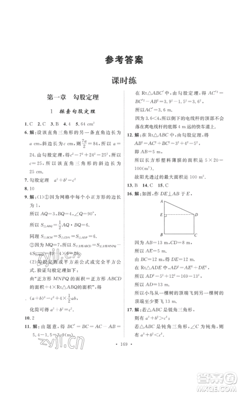 安徽人民出版社2022思路教练同步课时作业八年级上册数学北师大版参考答案 安徽人民出版社2022思路教练同步课时作业八年级上册数学北师大版参考答案
