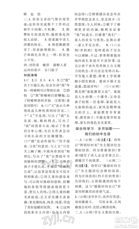 安徽人民出版社2022思路教练同步课时作业九年级语文人教版参考答案