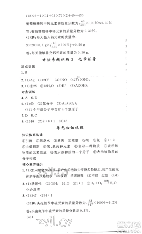 安徽人民出版社2022思路教练同步课时作业九年级化学人教版参考答案