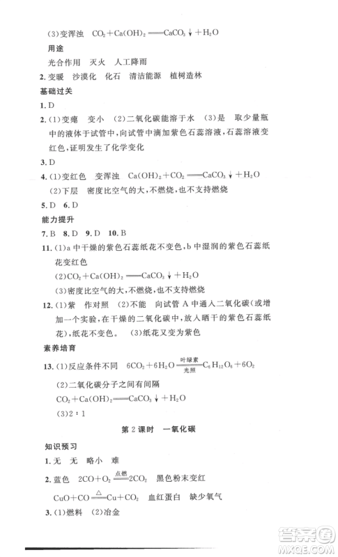 安徽人民出版社2022思路教练同步课时作业九年级化学人教版参考答案