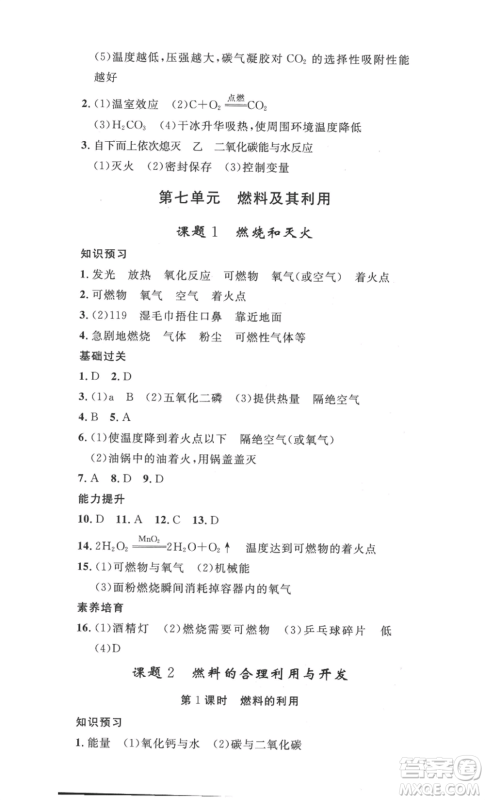 安徽人民出版社2022思路教练同步课时作业九年级化学人教版参考答案