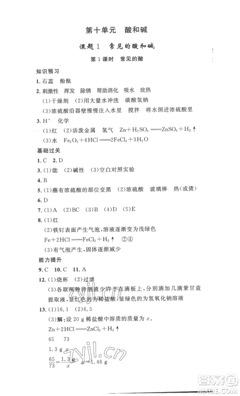 安徽人民出版社2022思路教练同步课时作业九年级化学人教版参考答案