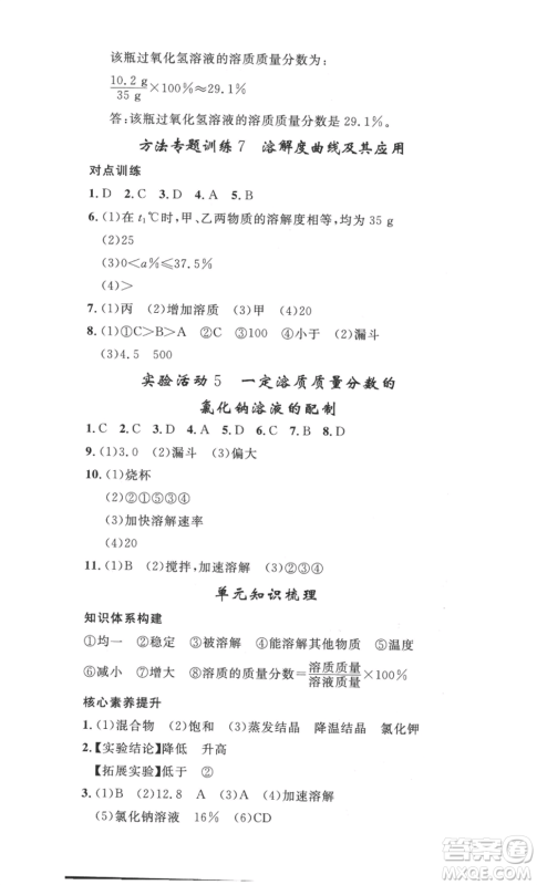 安徽人民出版社2022思路教练同步课时作业九年级化学人教版参考答案